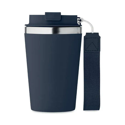 Pahar cu perete dublu 350 ml albastru marin cu rimă din oțel inoxidabil și curea textilă pentru călătorii