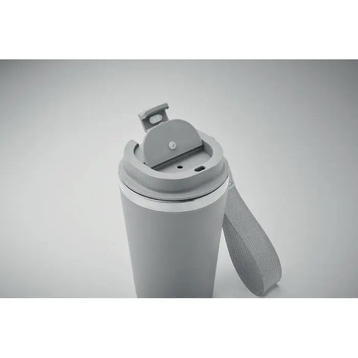 Pahar cu perete dublu 350 ml gri izolat cu design minimalist si bretea din material textil asortata