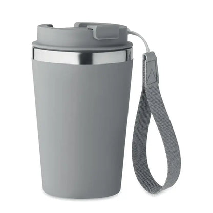 Pahar cu perete dublu 350 ml gri, izolat, cu rimă metalică argintie și capac din silicon cu curea textilă atașată
