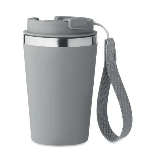 Pahar cu perete dublu 350 ml gri, izolat, cu rimă metalică argintie și capac din silicon cu curea textilă atașată