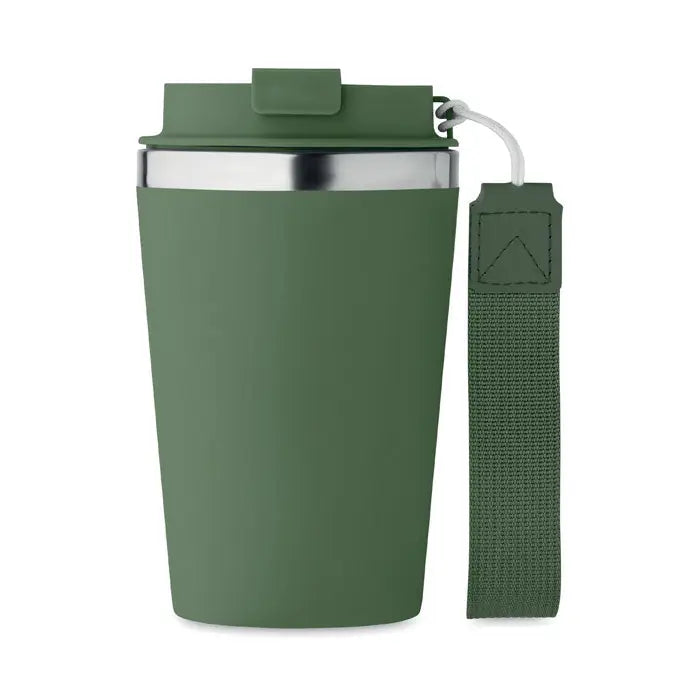 Pahar cu perete dublu 350 ml verde măsliniu, termos izolat cu margine din oțel inoxidabil și curea textilă asortată