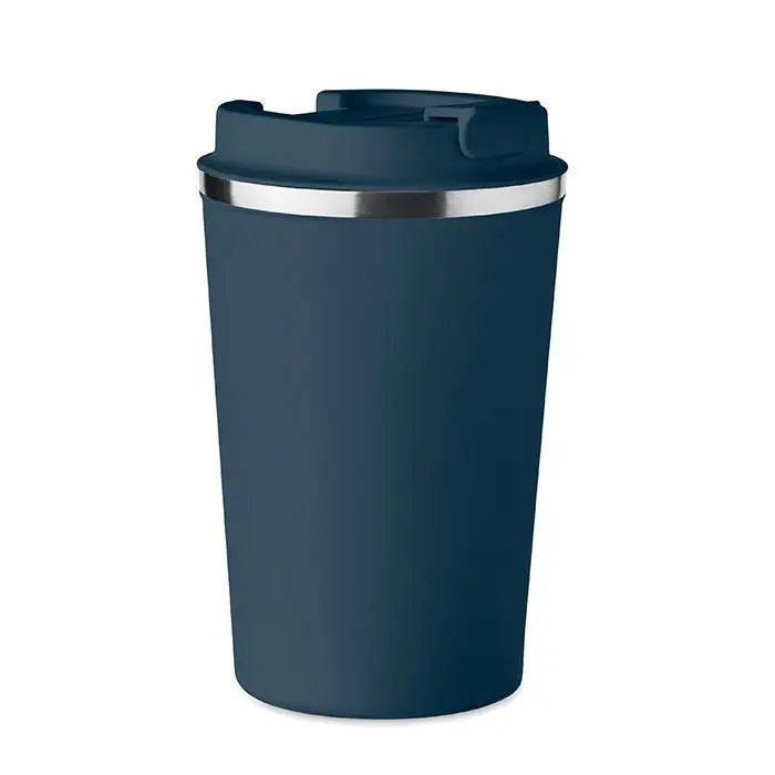 Pahar cu perete dublu 350 ml albastru închis izolat cu margine argintie și capac asortat pentru călătorii