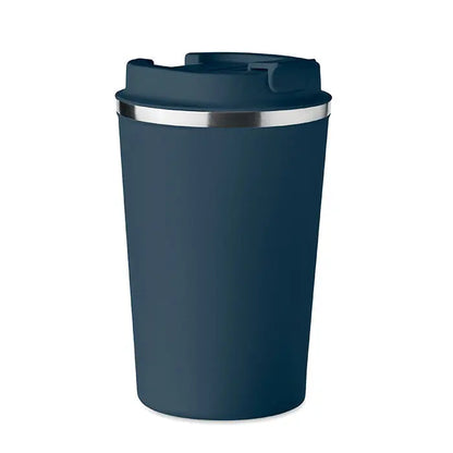 Pahar cu perete dublu 350 ml albastru închis izolat cu margine argintie și capac asortat pentru călătorii