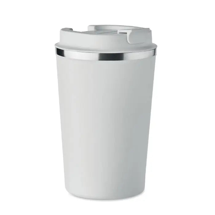 Pahar cu perete dublu 350 ml alb cu margine argintie si capac cu design flip-top pentru calatorii