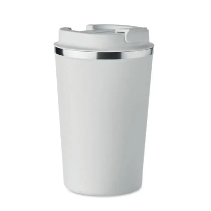 Pahar cu perete dublu 350 ml alb cu margine argintie si capac cu design flip-top pentru calatorii