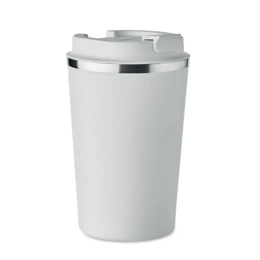 Pahar cu perete dublu 350 ml alb cu margine argintie si capac cu design flip-top pentru calatorii