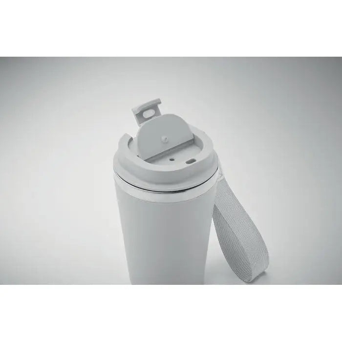 Pahar cu perete dublu 350 ml alb, izolat, cu capac gri si maner integrat pentru calatorii