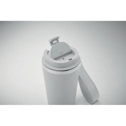 Pahar cu perete dublu 350 ml alb, izolat, cu capac gri si maner integrat pentru calatorii