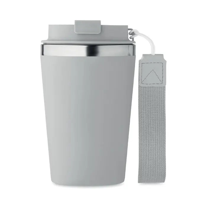 Pahar cu perete dublu 350 ml gri izolat cu margine si capac din otel inoxidabil si curea gri din material textil
