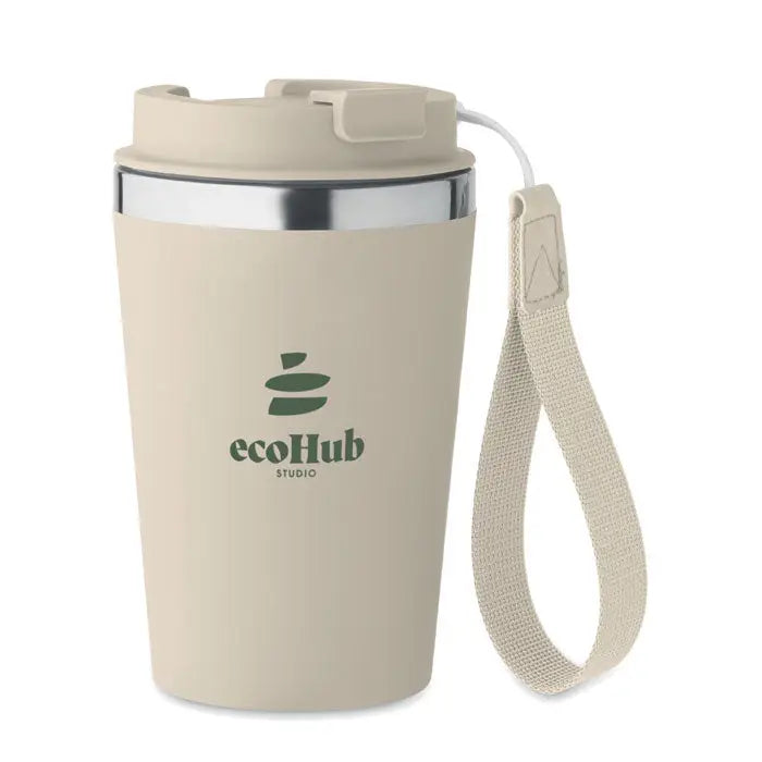 Beige pahar cu perete dublu 350 ml ecohub studio cu margine argintie si bretea din material textil