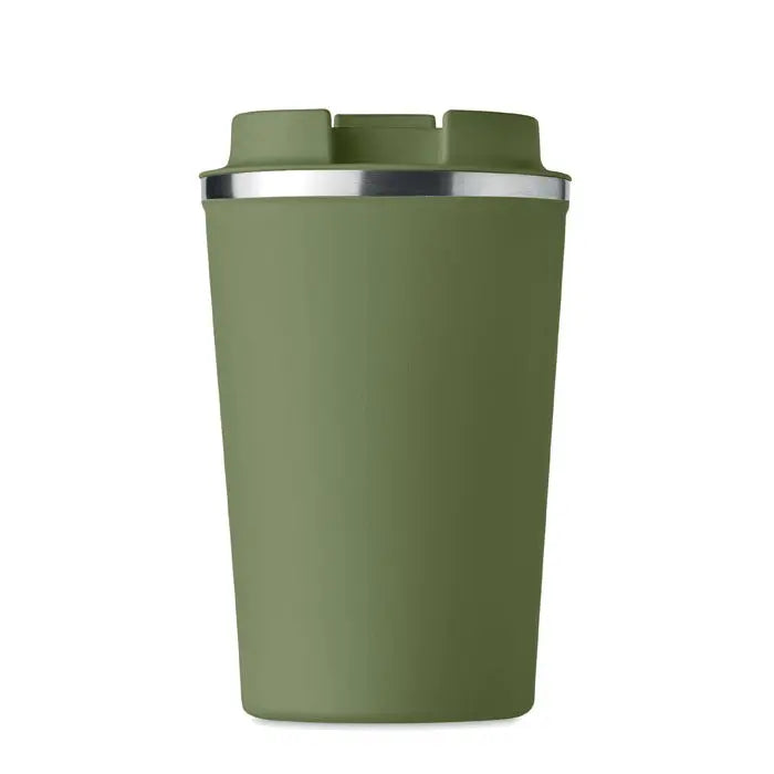 Pahar cu perete dublu 350 ml verde măsliniu cu izolație, margine argintie și capac flip-top pentru călătorii