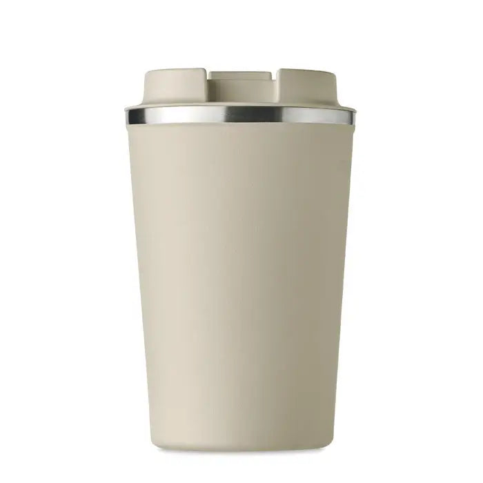 Pahar cu perete dublu 350 ml bej izolat cu margine argintie si capac asortat pentru calatorii