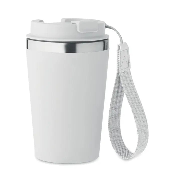 Pahar cu perete dublu 350 ml alb cu capac alb si margine argintie, cu bretea gri din material textil