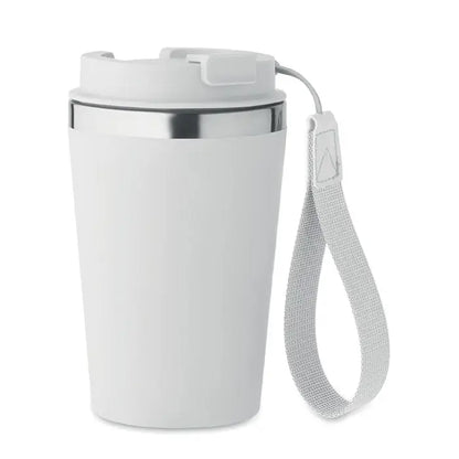 Pahar cu perete dublu 350 ml alb cu capac alb si margine argintie, cu bretea gri din material textil