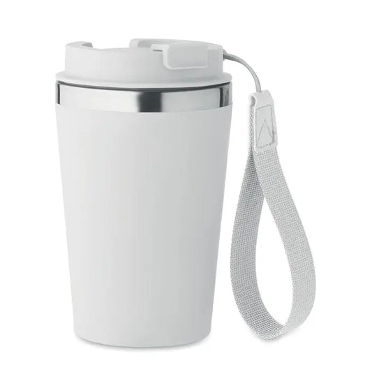 Pahar cu perete dublu 350 ml alb cu capac alb si margine argintie, cu bretea gri din material textil