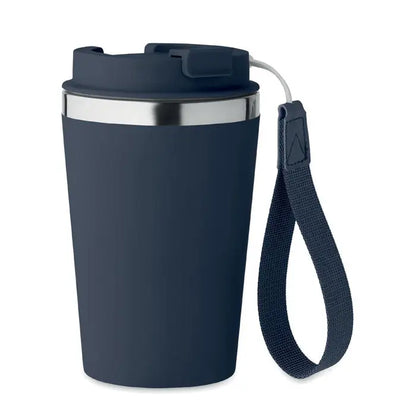 Pahar cu perete dublu 350 ml bleumarin izolat cu rimă din oțel inoxidabil și curea din material textil asortată