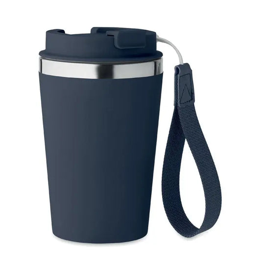 Pahar cu perete dublu 350 ml bleumarin izolat cu rimă din oțel inoxidabil și curea din material textil asortată