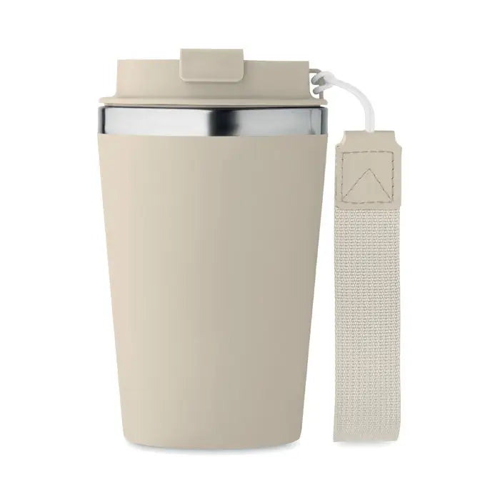 Pahar cu perete dublu 350 ml bej izolat cu margine argintie si bretea din material textil asortata
