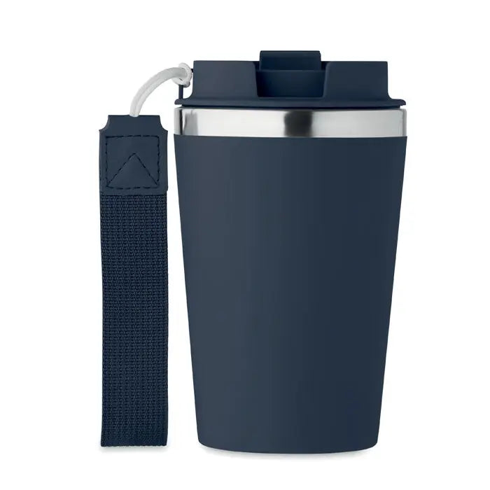 Pahar cu perete dublu 350 ml albastru inchis cu rim de inox si curea din material textil pentru calatorii