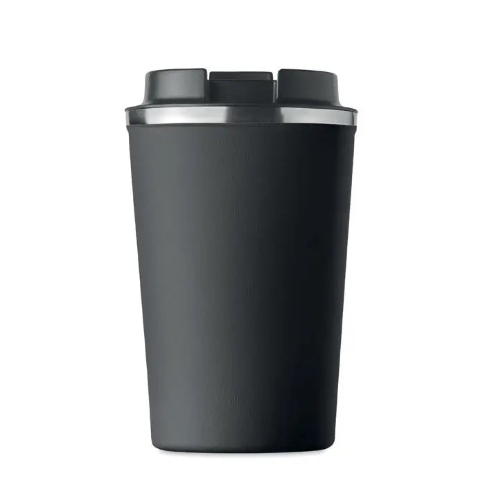 Pahar cu perete dublu 350 ml negru, termos de calatorie izolat cu finisaj mat si margine argintie la capac