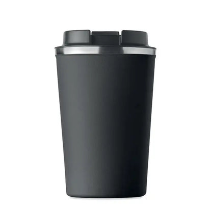 Pahar cu perete dublu 350 ml negru, termos de calatorie izolat cu finisaj mat si margine argintie la capac
