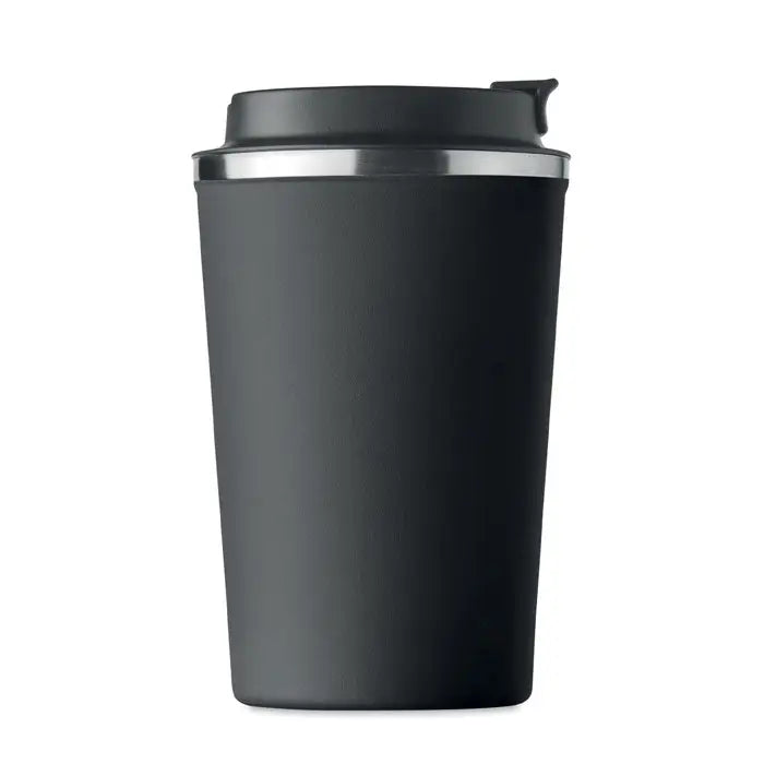 Pahar cu perete dublu 350 ml negru mat cu margine argintie si capac negru cu orificiu flip-top pentru calatorii