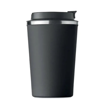 Pahar cu perete dublu 350 ml negru mat cu margine argintie si capac negru cu orificiu flip-top pentru calatorii