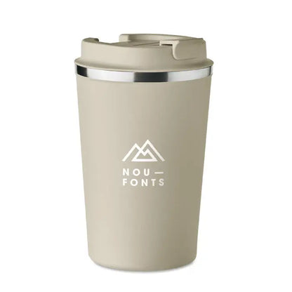 Pahar cu perete dublu 350 ml bej izolat cu capac flip-top margine argintie logo munte alb minimalist si text nou-fonts