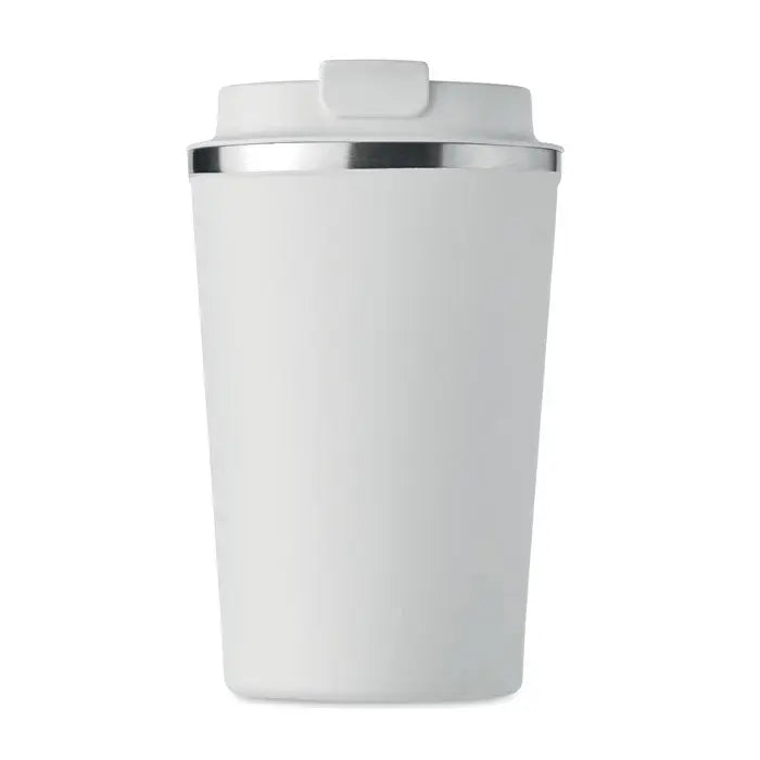 Pahar cu perete dublu 350 ml alb cu capac si margine argintie din otel inoxidabil pentru calatorii