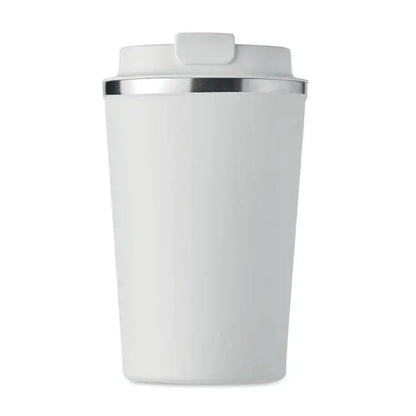 Pahar cu perete dublu 350 ml alb cu capac si margine argintie din otel inoxidabil pentru calatorii