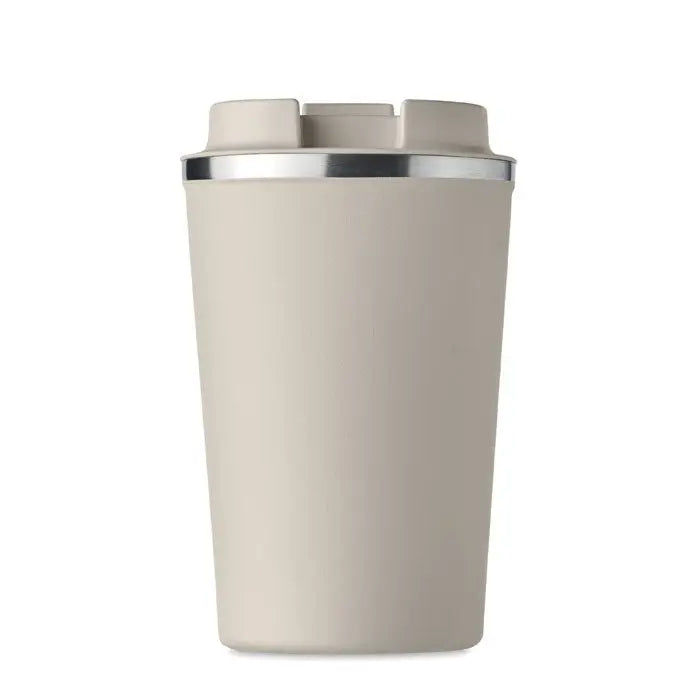 Beige pahar cu perete dublu 350 ml cu margine argintie si capac asortat pentru bauturi calde sau reci
