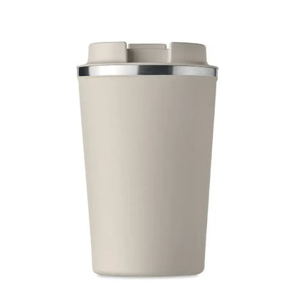 Beige pahar cu perete dublu 350 ml cu margine argintie si capac asortat pentru bauturi calde sau reci
