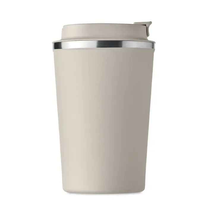 Beige pahar cu perete dublu 350 ml cu capac flip-top si margine argintie pentru calatorii