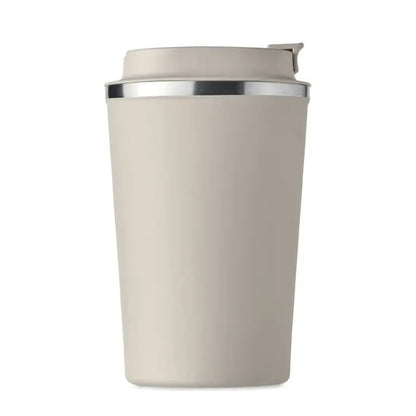 Beige pahar cu perete dublu 350 ml cu capac flip-top si margine argintie pentru calatorii