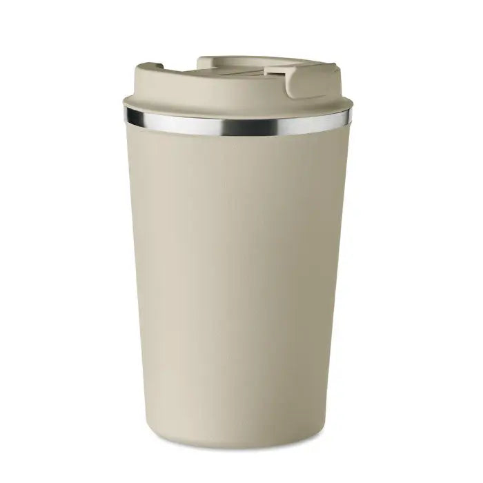 Beige pahar cu perete dublu de 350 ml cu margine argintie si capac flip-top pentru bauturi calde si reci