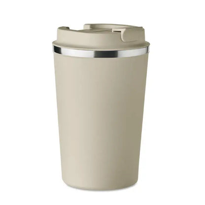 Beige pahar cu perete dublu de 350 ml cu margine argintie si capac flip-top pentru bauturi calde si reci