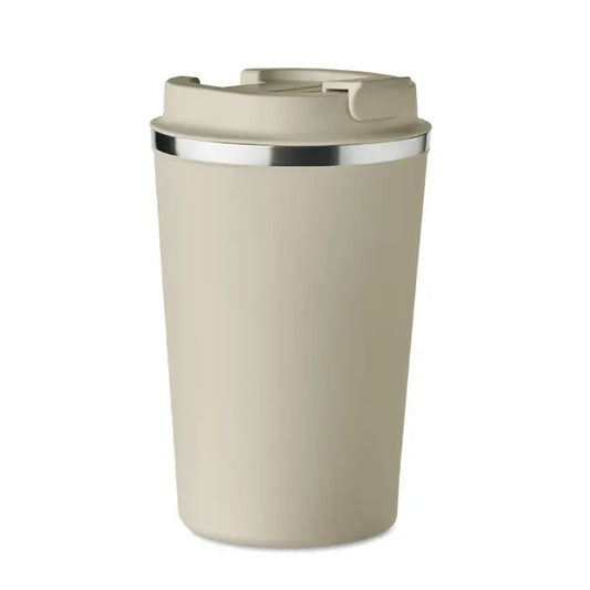 Beige pahar cu perete dublu de 350 ml cu margine argintie si capac flip-top pentru bauturi calde si reci