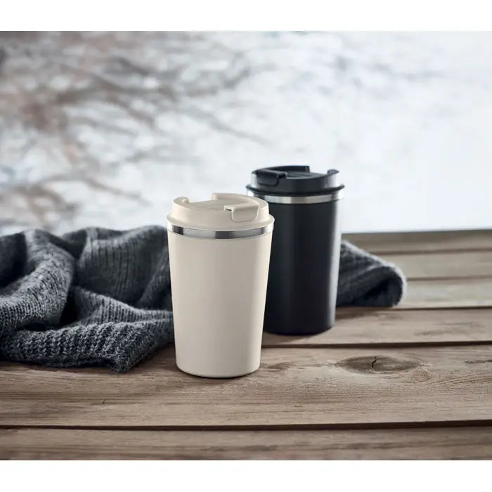 Pahar cu perete dublu 350 ml din otel inoxidabil crem cu design minimalist si capac negru