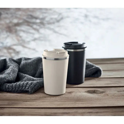 Pahar cu perete dublu 350 ml din otel inoxidabil crem cu design minimalist si capac negru