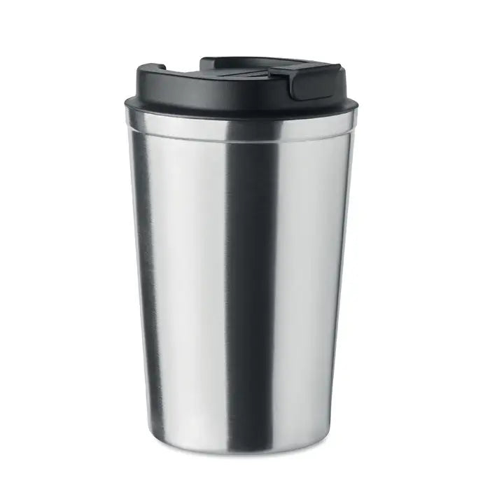 Pahar cu perete dublu 350 ml din otel inoxidabil argintiu cu capac negru din plastic ideal pentru calatorii
