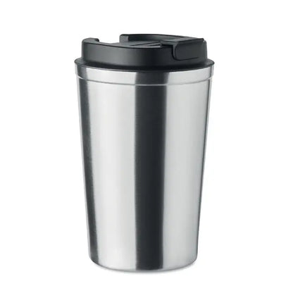 Pahar cu perete dublu 350 ml din otel inoxidabil argintiu cu capac negru din plastic ideal pentru calatorii