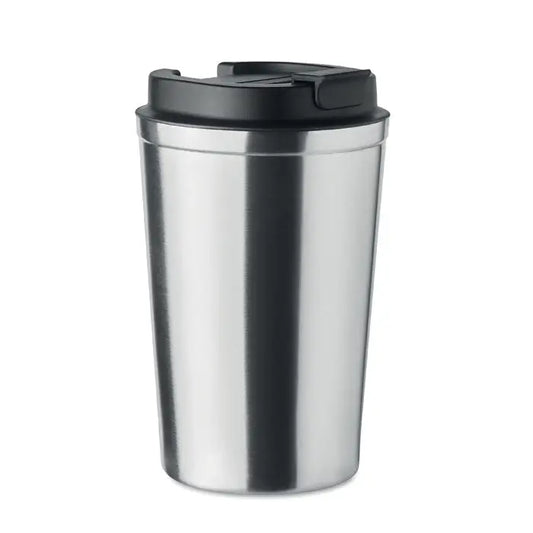 Pahar cu perete dublu 350 ml din otel inoxidabil argintiu cu capac negru din plastic ideal pentru calatorii