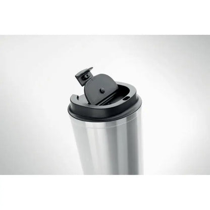 Pahar cu perete dublu 350 ml argintiu din otel inoxidabil cu capac negru din plastic si sistem de deschidere rabatabil