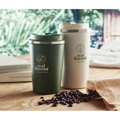 Pahar cu perete dublu 350 ml două căni de călătorie izolate olive verde mat și crem alb cu capac flip-top argintiu real flavour