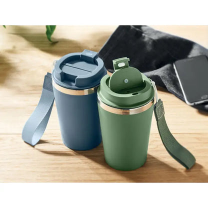 Pahar cu perete dublu 350 ml cu căni de voiaj izolate în albastru mat și verde măsliniu cu margine metalică și curea textilă