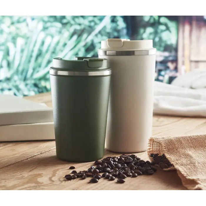 Pahar cu perete dublu 350 ml doua termosuri de calatorie izolate olive verde mat si alb crem cu capace argintii flip-top