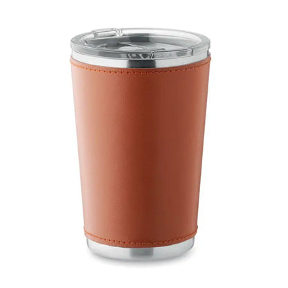 Pahar cu perete dublu 350 ml din inox cu capac transparent si maneca din piele tan cu margini cusute