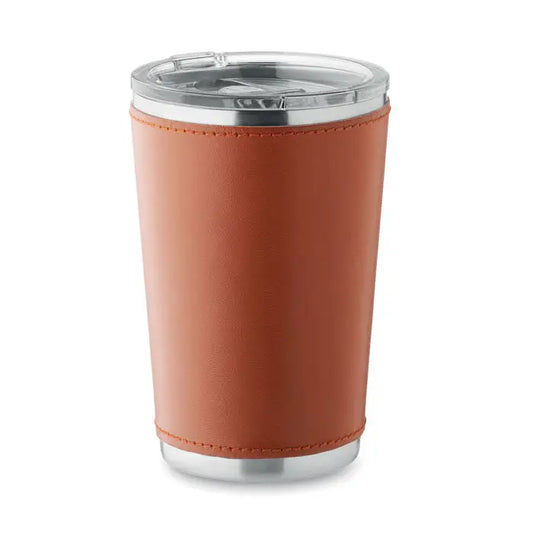 Pahar cu perete dublu 350 ml din inox cu capac transparent si maneca din piele tan cu margini cusute