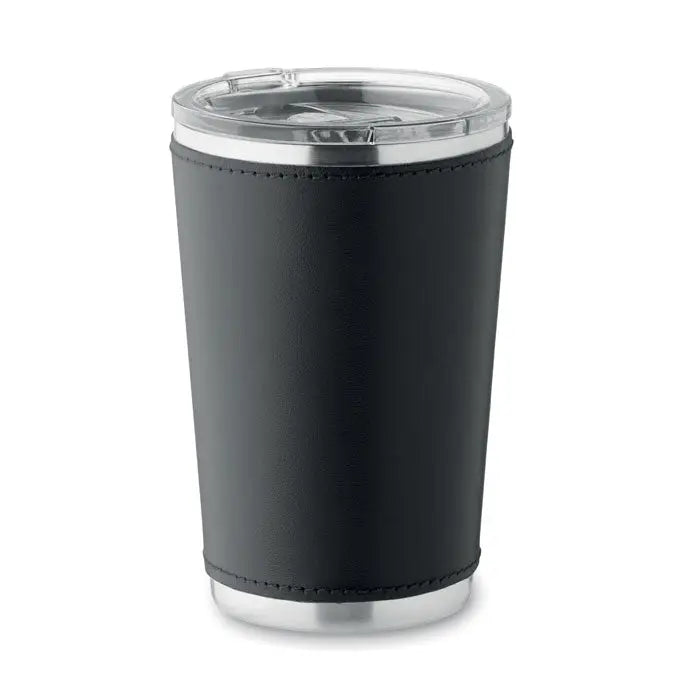 Pahar cu perete dublu 350 ml cu mânecă neagră din piele și finisaj argintiu înfășurată în jurul unui pahar inoxidabil cu capac transparent
