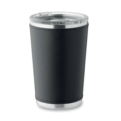 Pahar cu perete dublu 350 ml cu mânecă neagră din piele și finisaj argintiu înfășurată în jurul unui pahar inoxidabil cu capac transparent